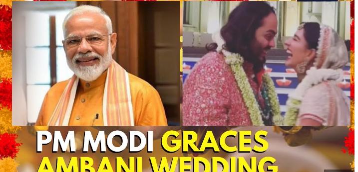 PM Modi arrived with Nita and Mukesh Ambani, and sat between Isha and Akash at Anant-Radhika’s auspicious blessing ceremony.