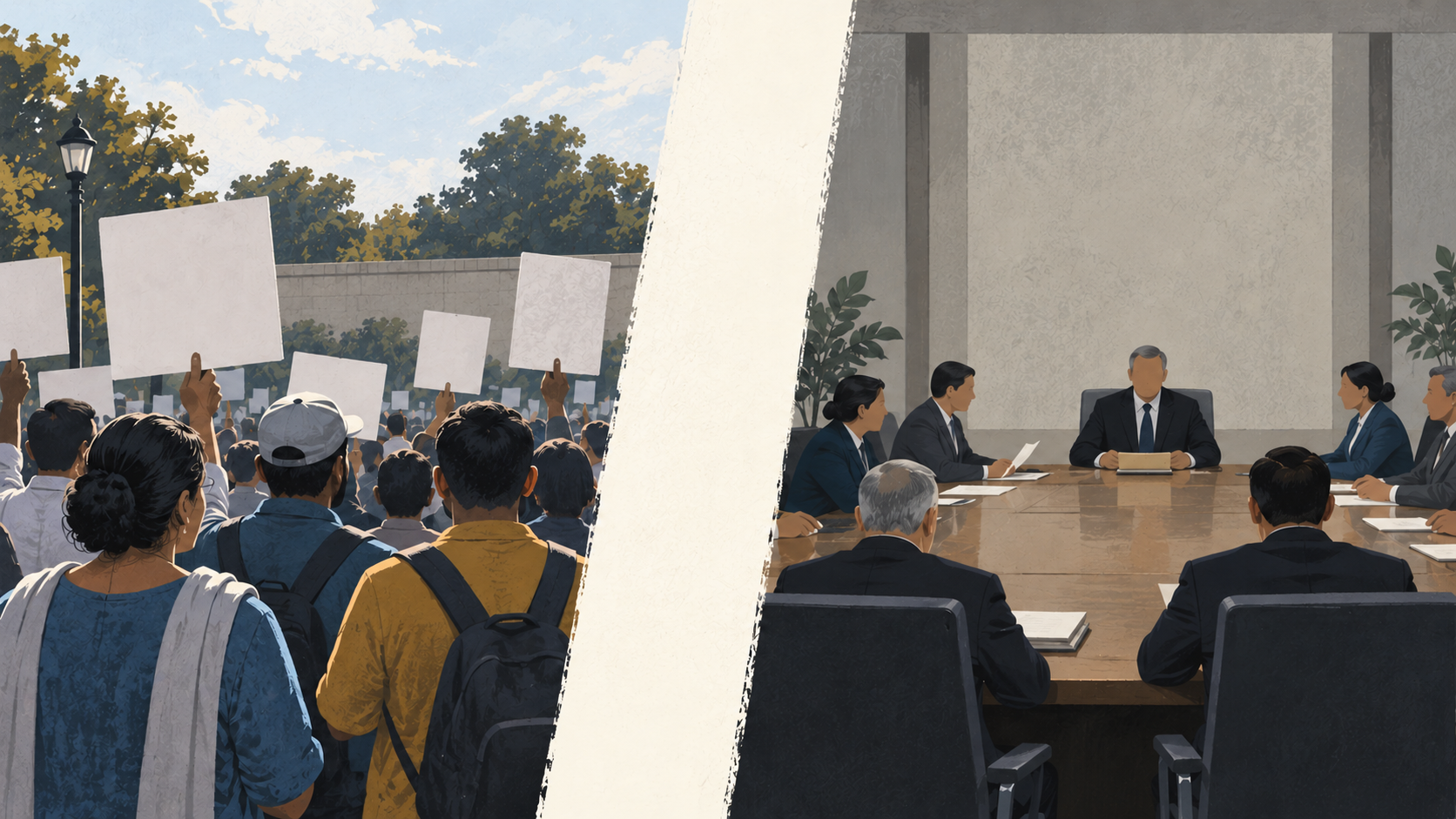 Two symbolic panels show a peaceful gathering and an institutional response; not photographs of opposition leaders or evidence of allegations.